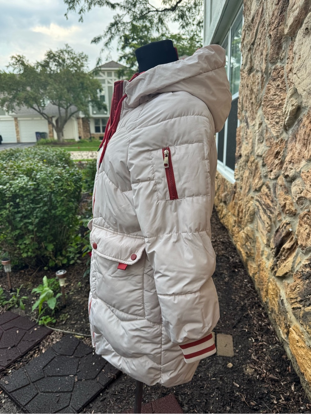 Women's Light Cream Puffer Coat with Red Trim - Hooded Winter Jacket
